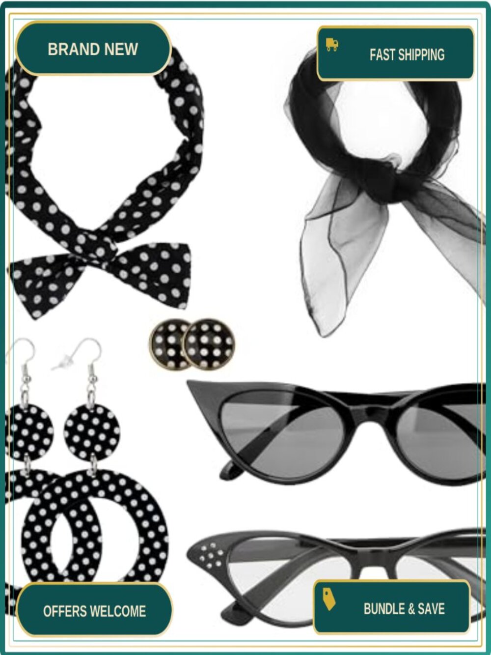 1950s Cat Eye Glasses Polka Dot Costume Accessory Set Headband Scarf